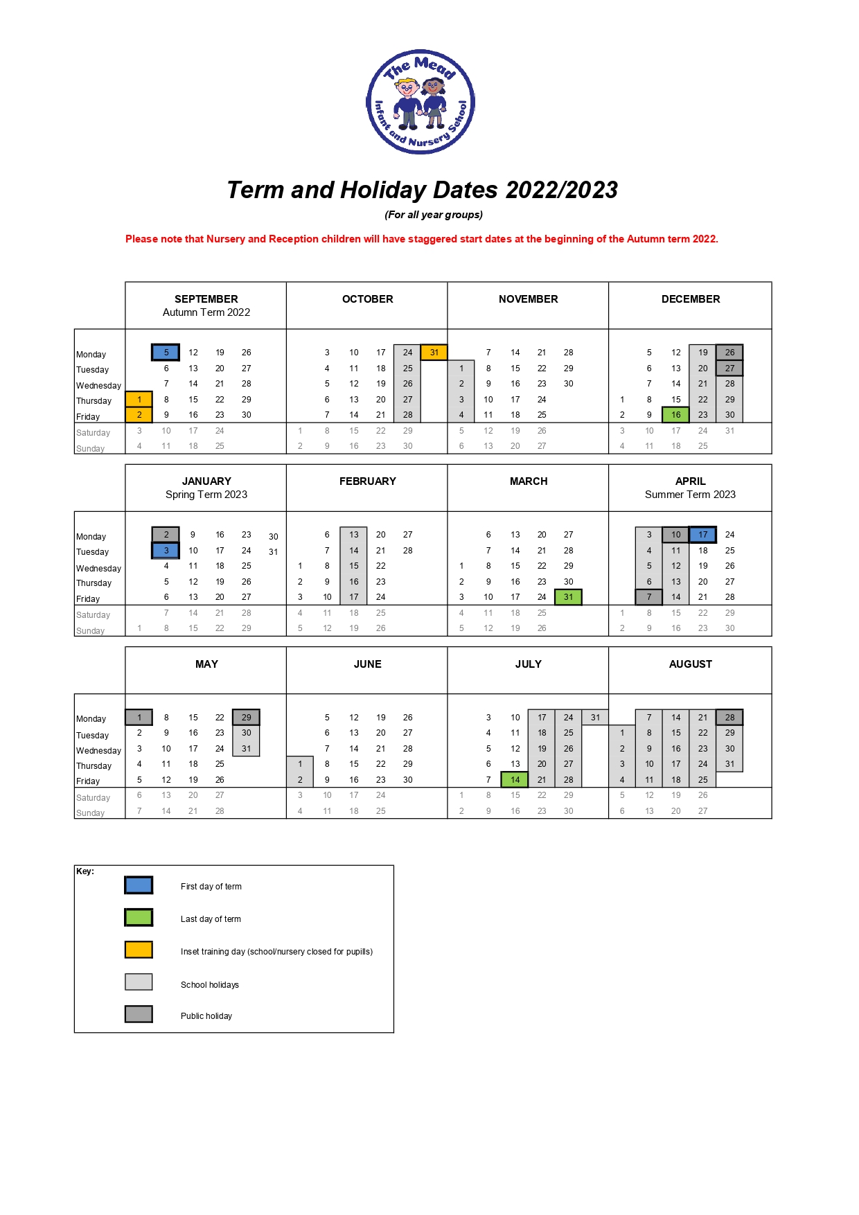 The Mead Infant and Nursery School Term Dates
