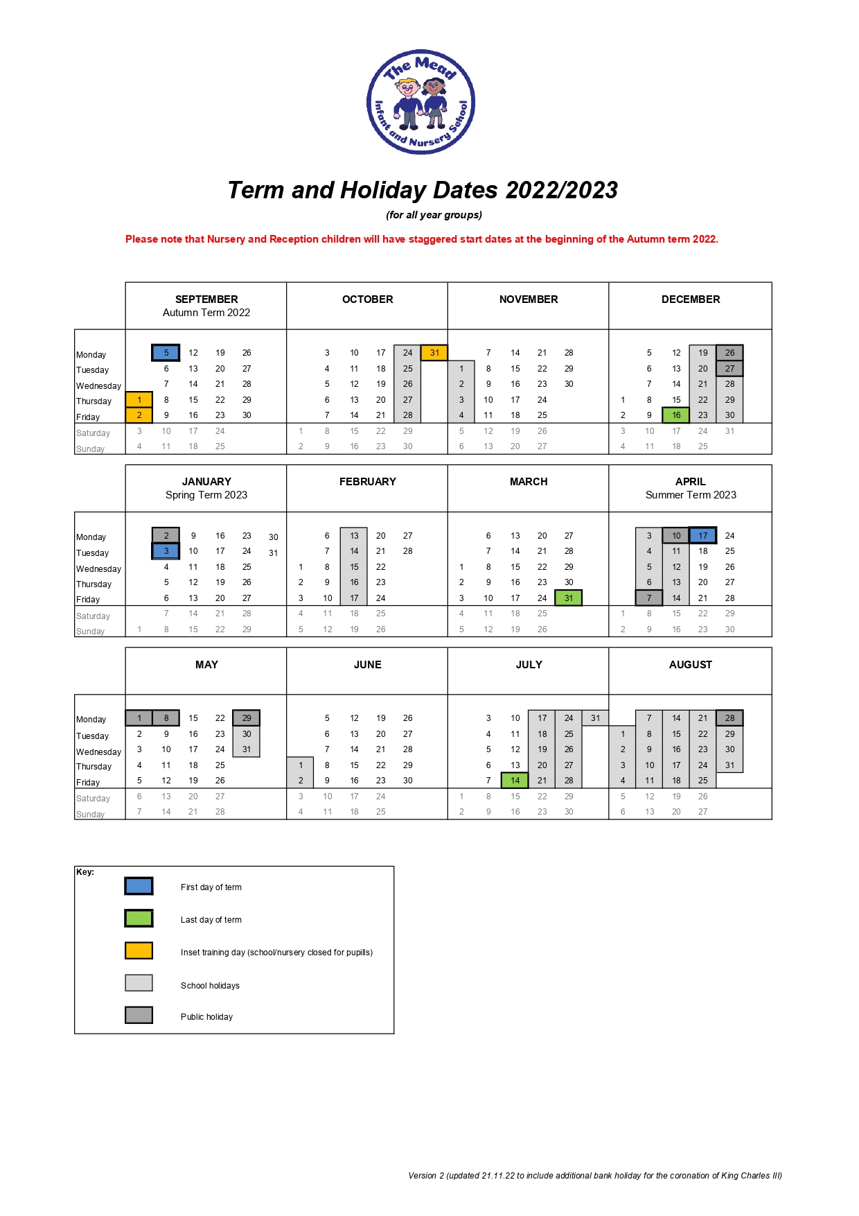 The Mead Infant and Nursery School Term Dates